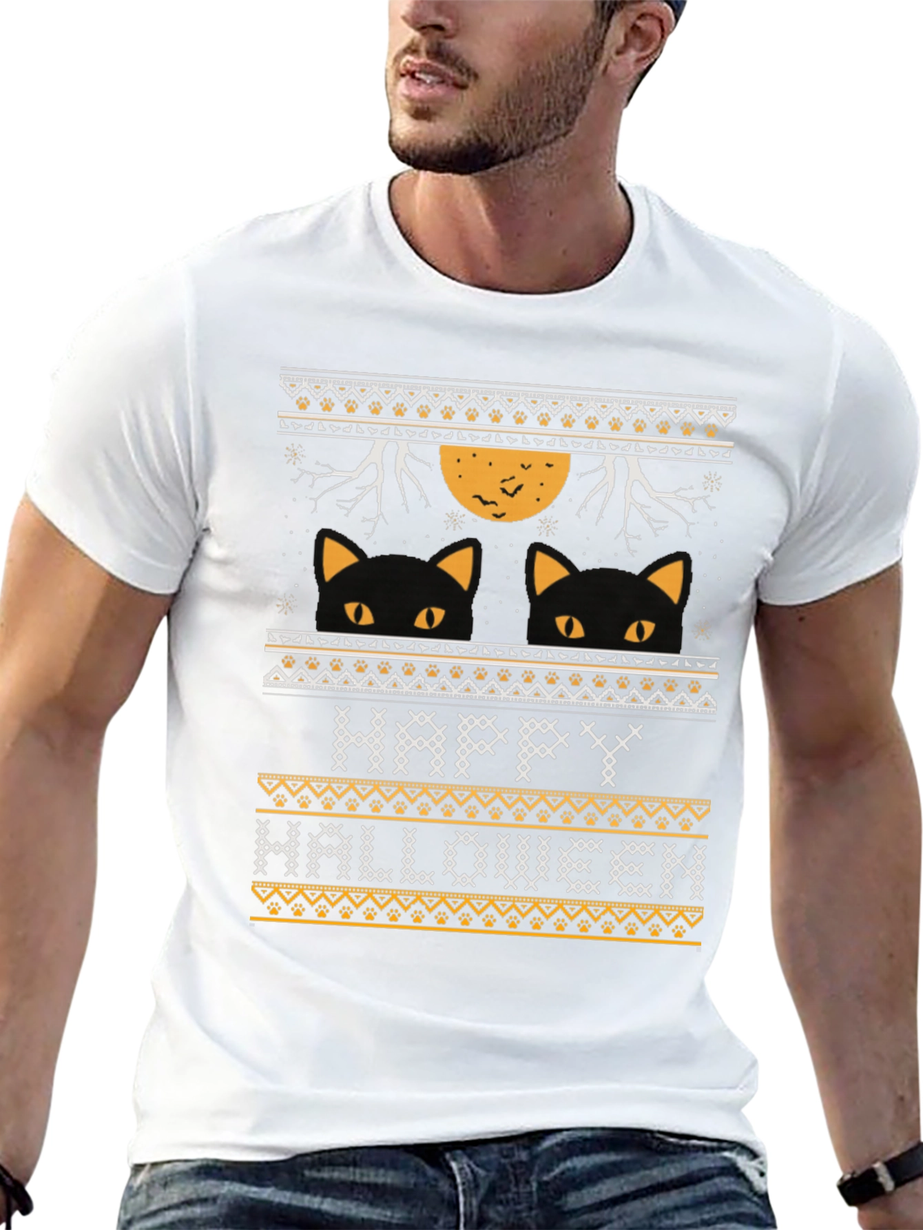 Happy Halloween Black Cat Ugly Sweater Style T-Shirt