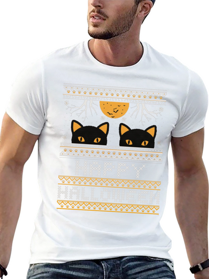 Happy Halloween Black Cat Ugly Sweater Style T-Shirt
