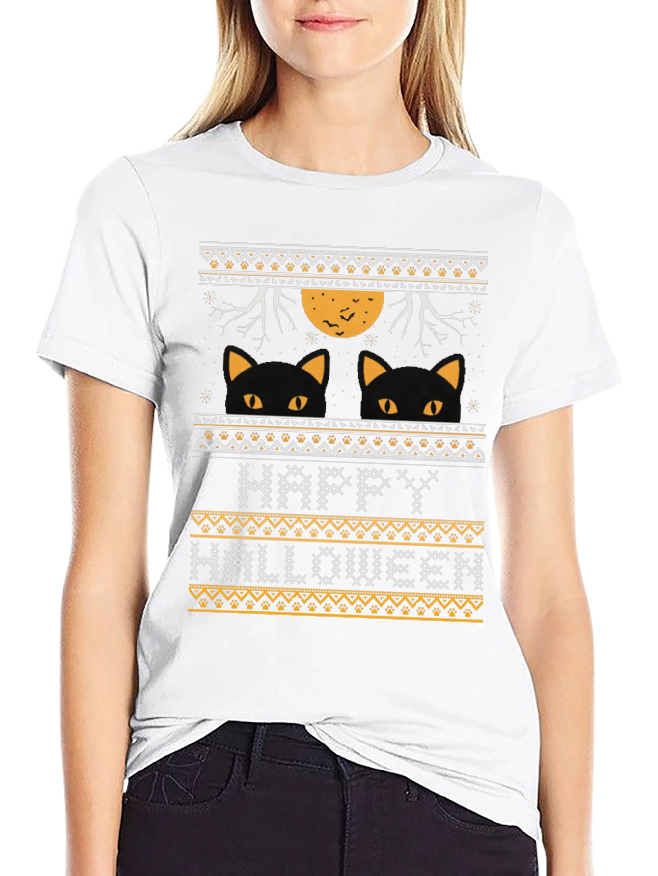 Happy Halloween Black Cat Ugly Sweater Style T-Shirt
