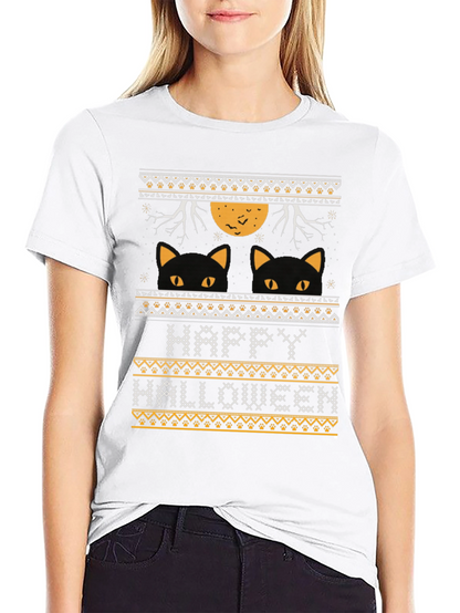 Happy Halloween Black Cat Ugly Sweater Style T-Shirt
