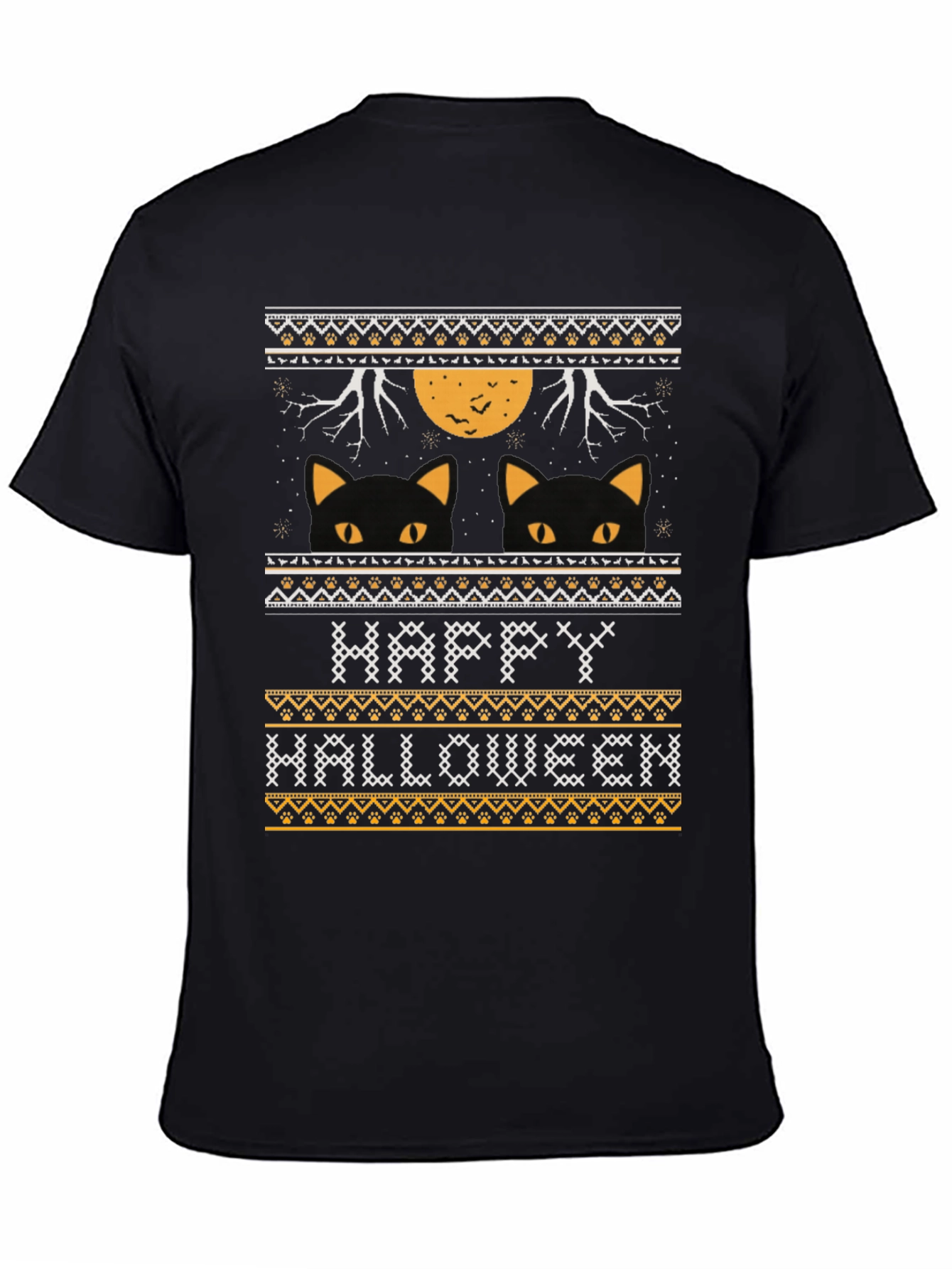 Happy Halloween Black Cat Ugly Sweater Style T-Shirt