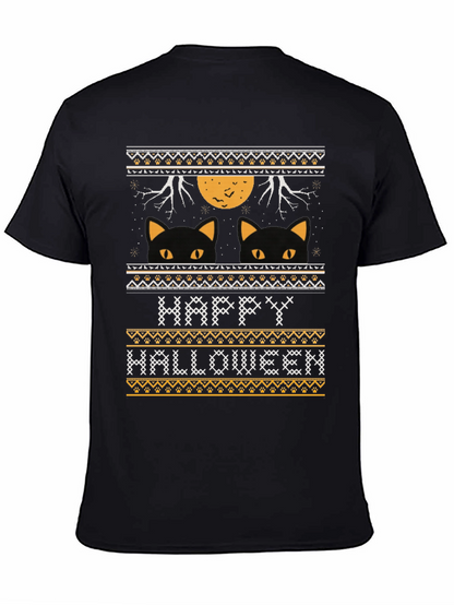 Happy Halloween Black Cat Ugly Sweater Style T-Shirt