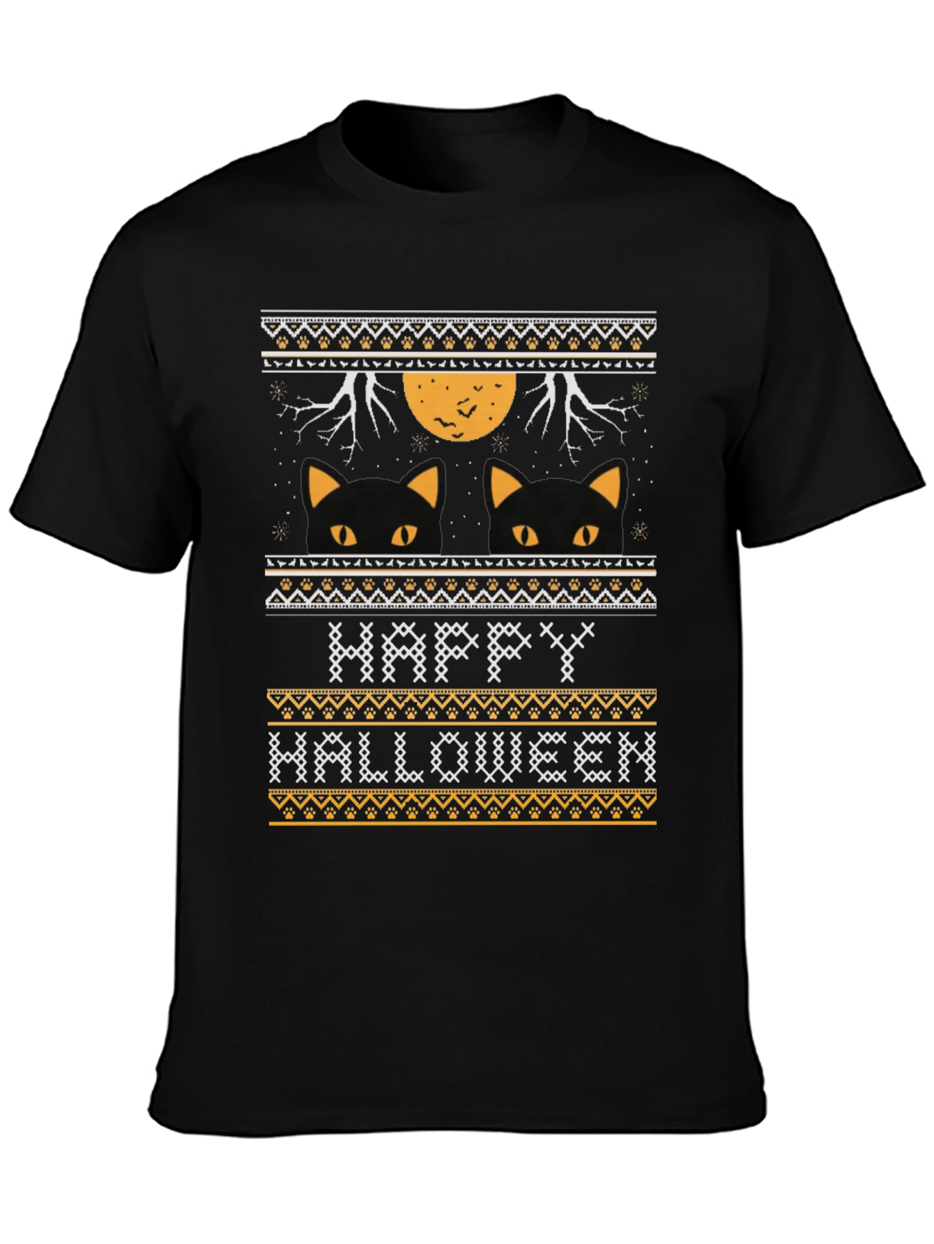 Happy Halloween Black Cat Ugly Sweater Style T-Shirt