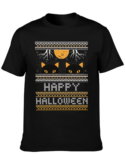 Happy Halloween Black Cat Ugly Sweater Style T-Shirt