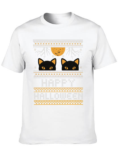 Happy Halloween Black Cat Ugly Sweater Style T-Shirt