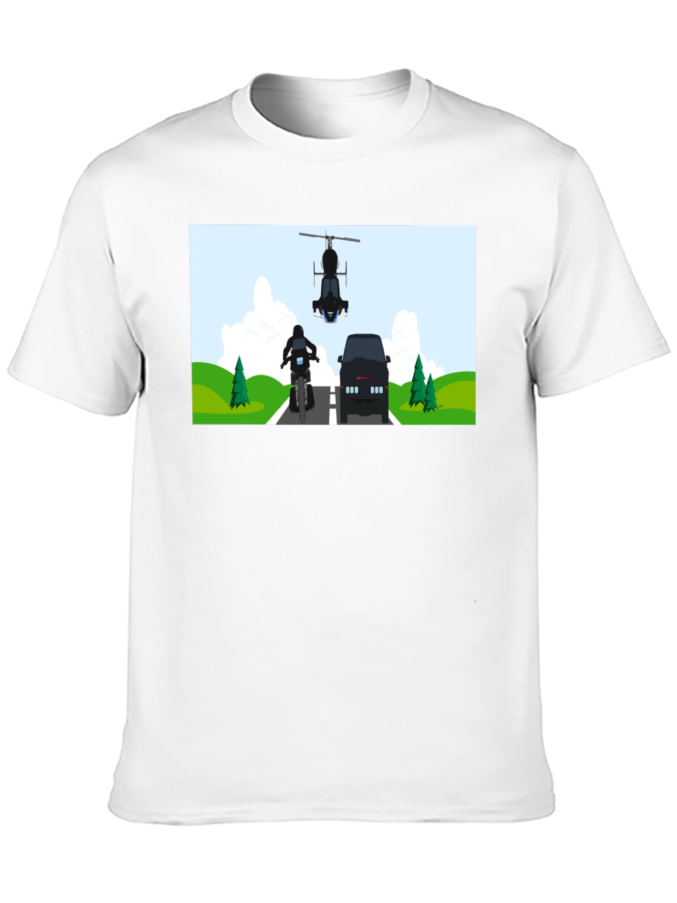 Graphic Tee: Motorcycle & Helicopter Chase