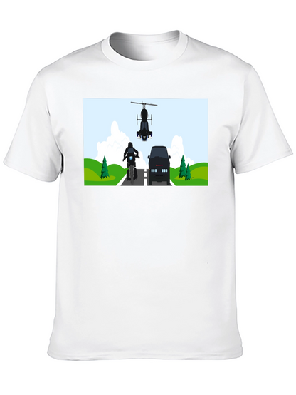 Graphic Tee: Motorcycle & Helicopter Chase