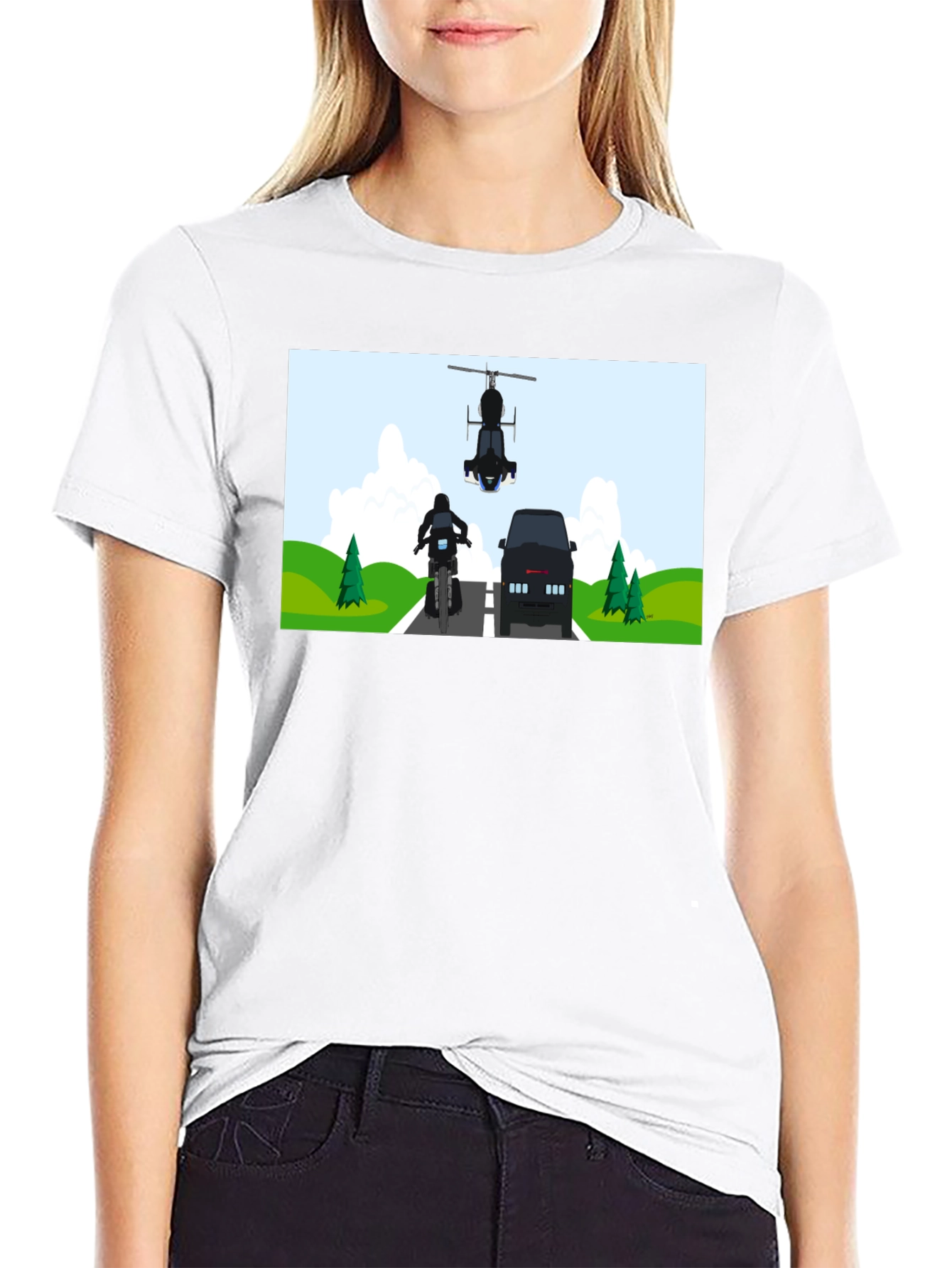 Graphic Tee: Motorcycle & Helicopter Chase