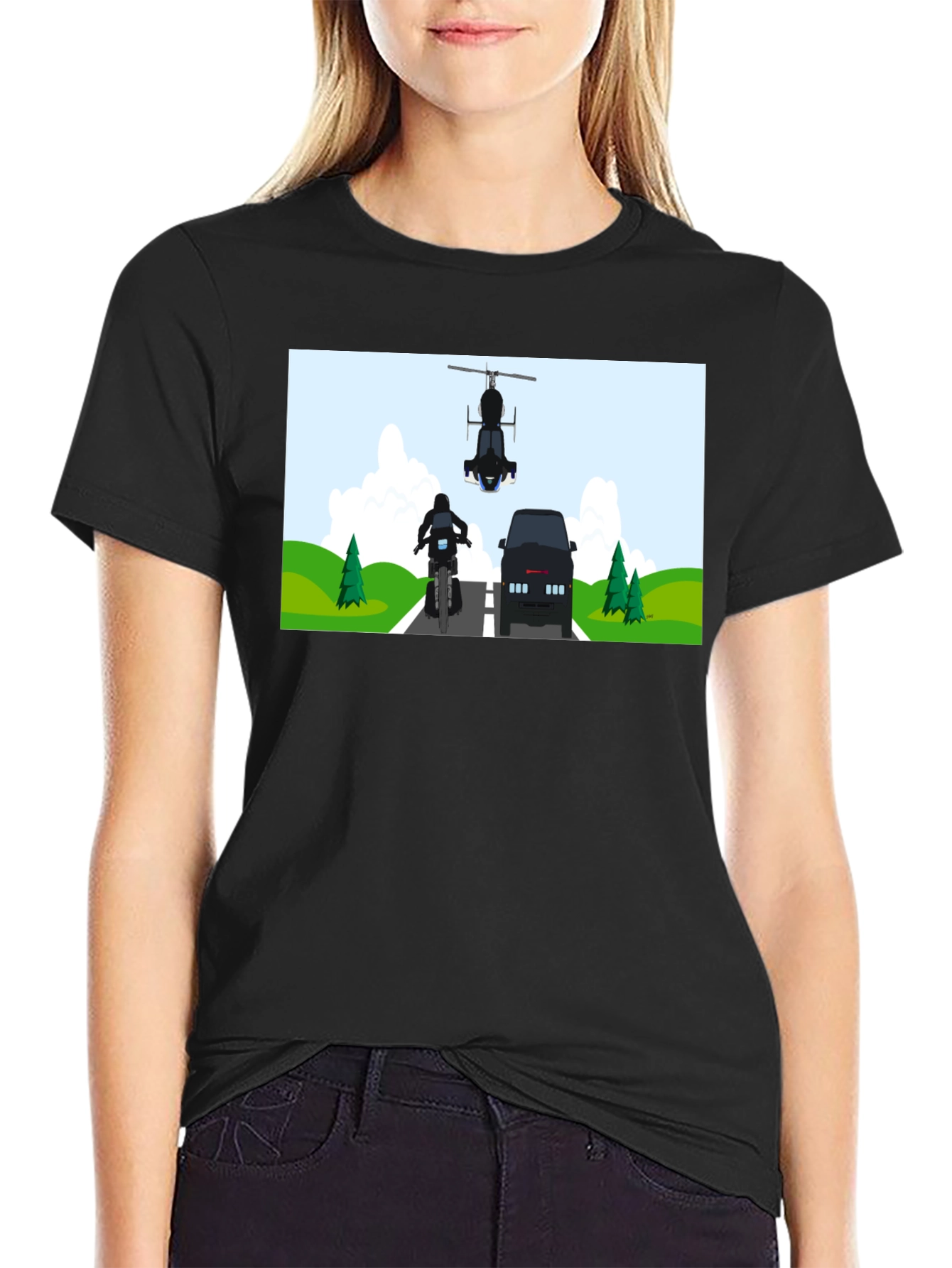 Graphic Tee: Motorcycle & Helicopter Chase