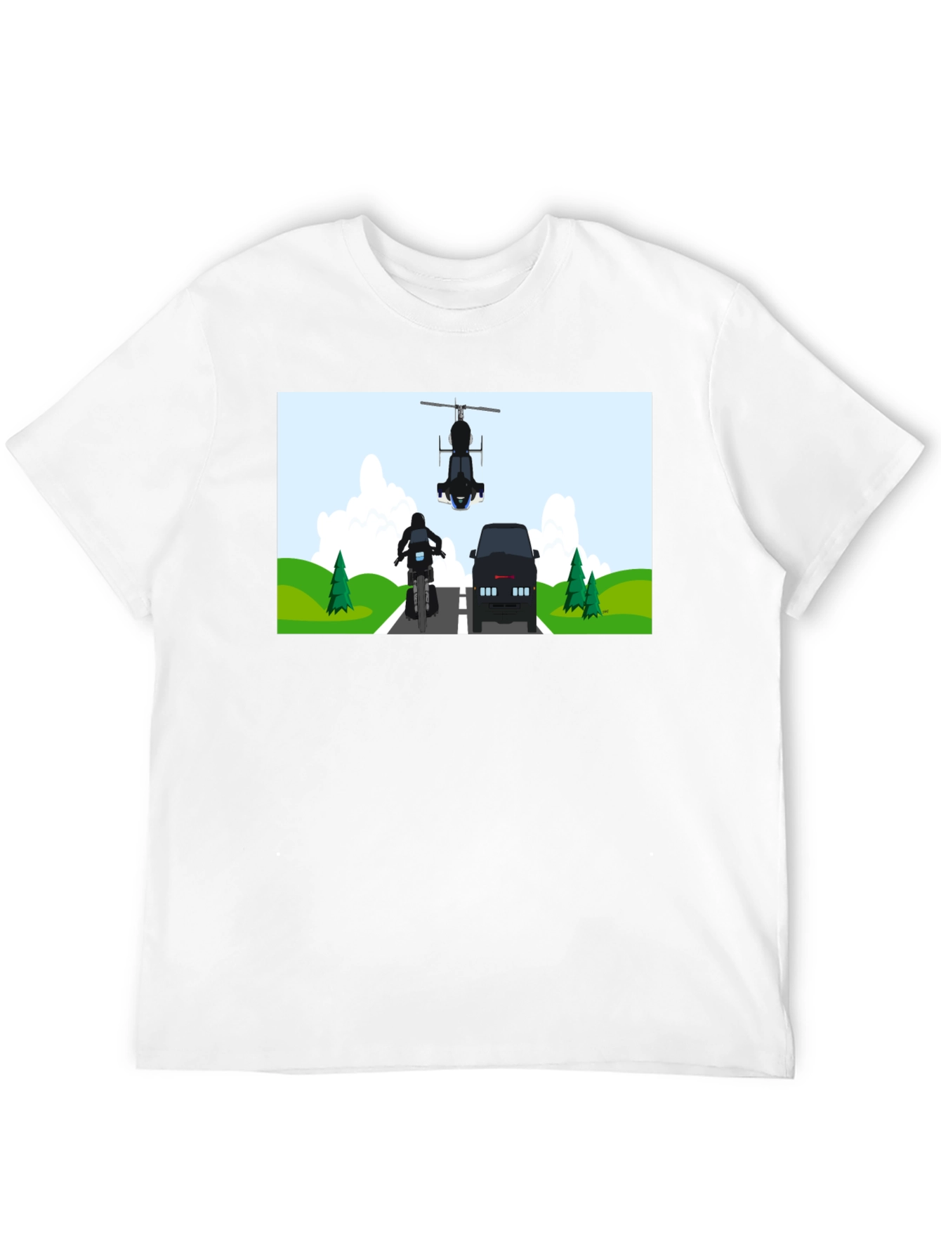 Graphic Tee: Motorcycle & Helicopter Chase