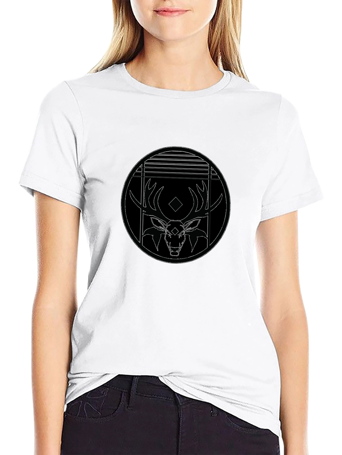 Black T-Shirt with Deer Graphic Print