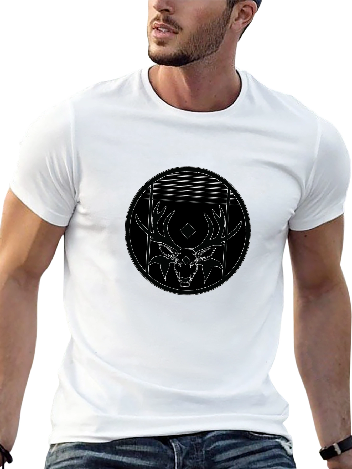 Black T-Shirt with Deer Graphic Print