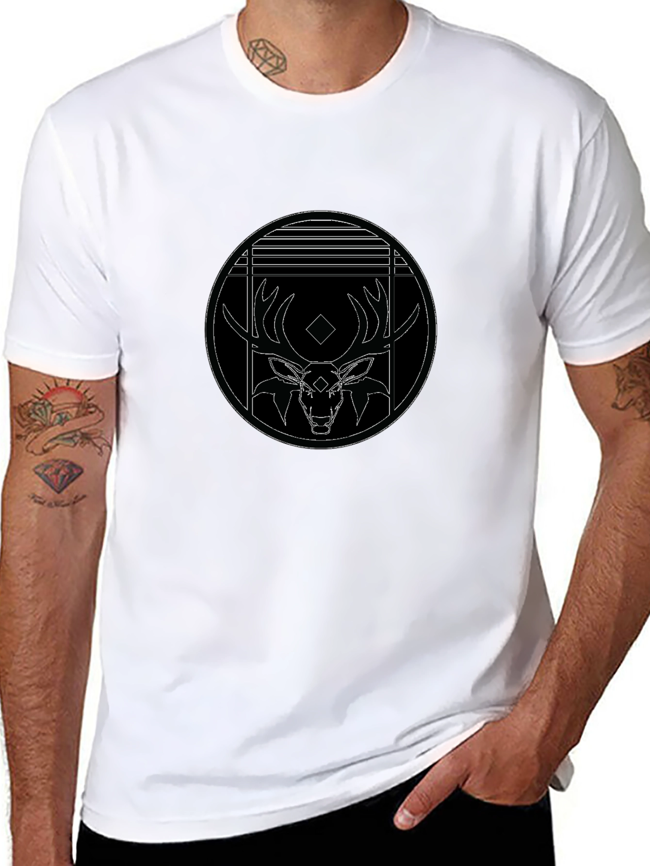 Black T-Shirt with Deer Graphic Print