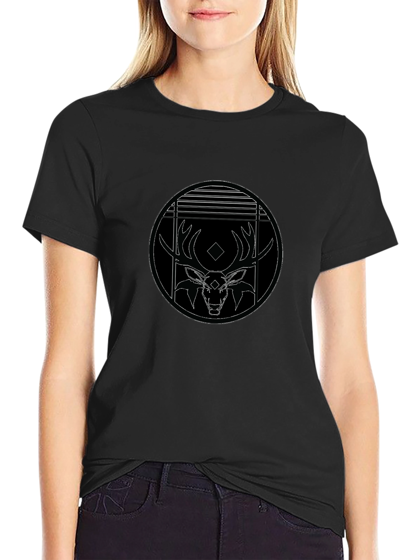 Black T-Shirt with Deer Graphic Print