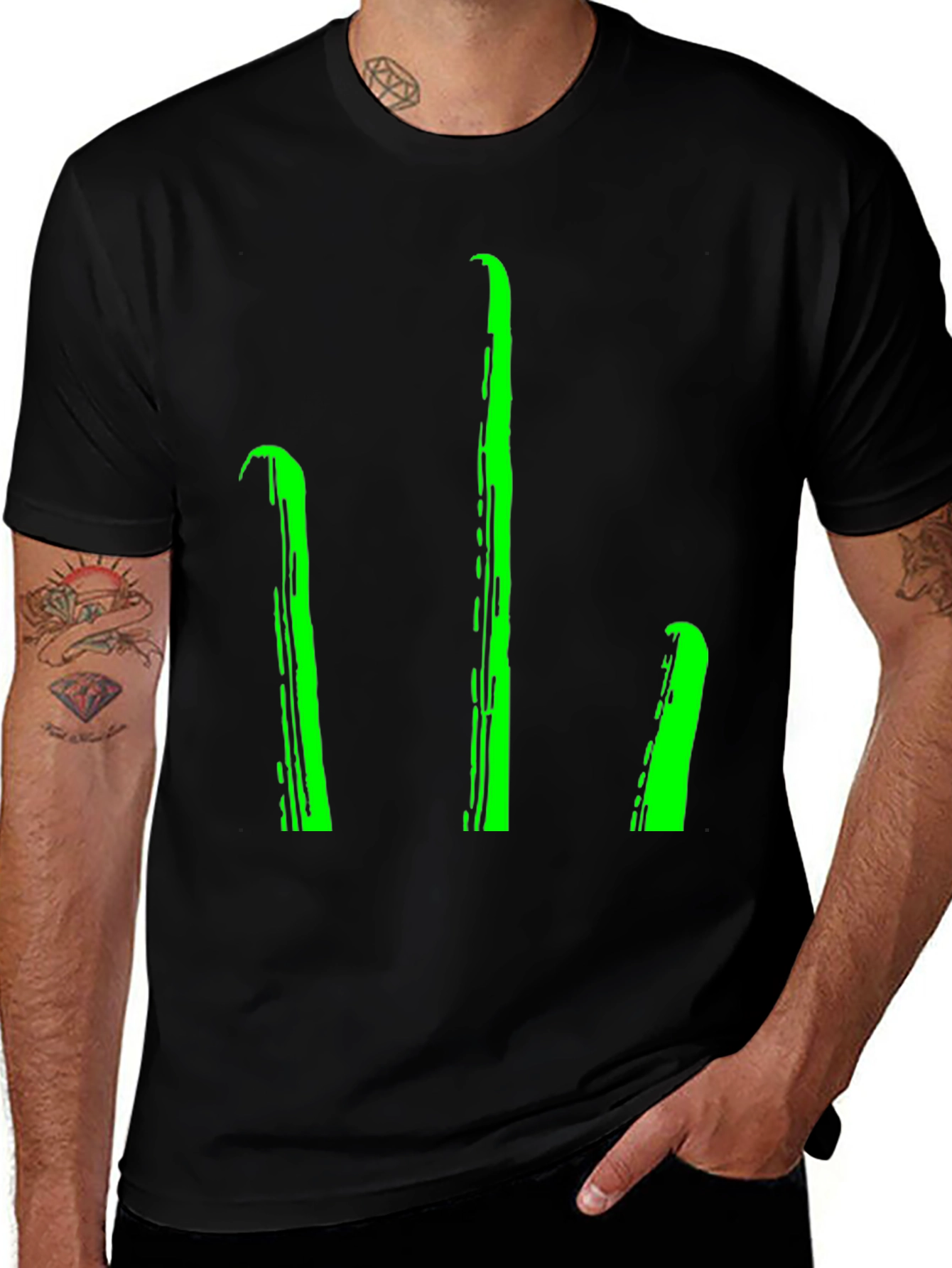 Mens Black T-Shirt with Green Stylized Trident Design