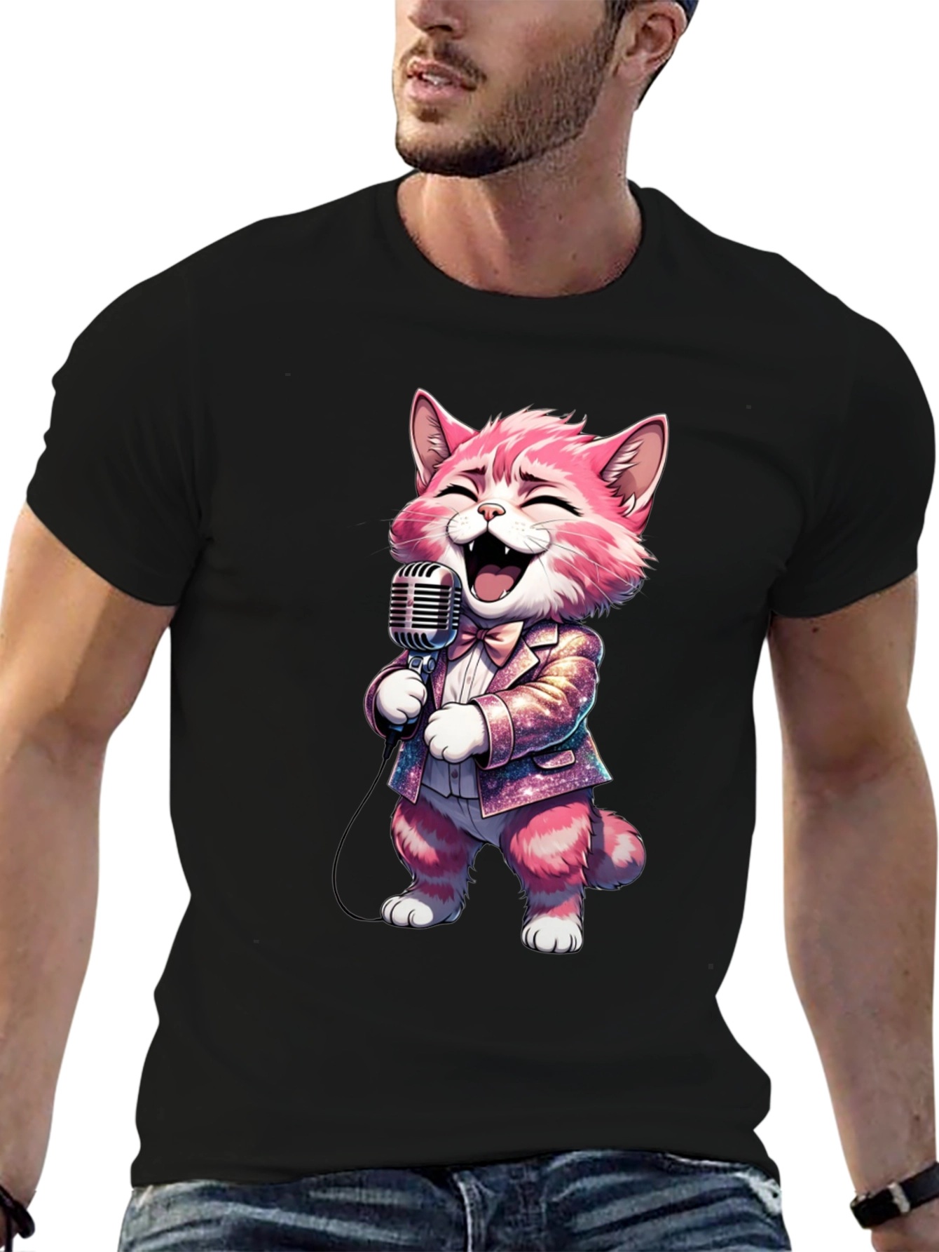 Singing Cat T-Shirt - Black Cotton Blend