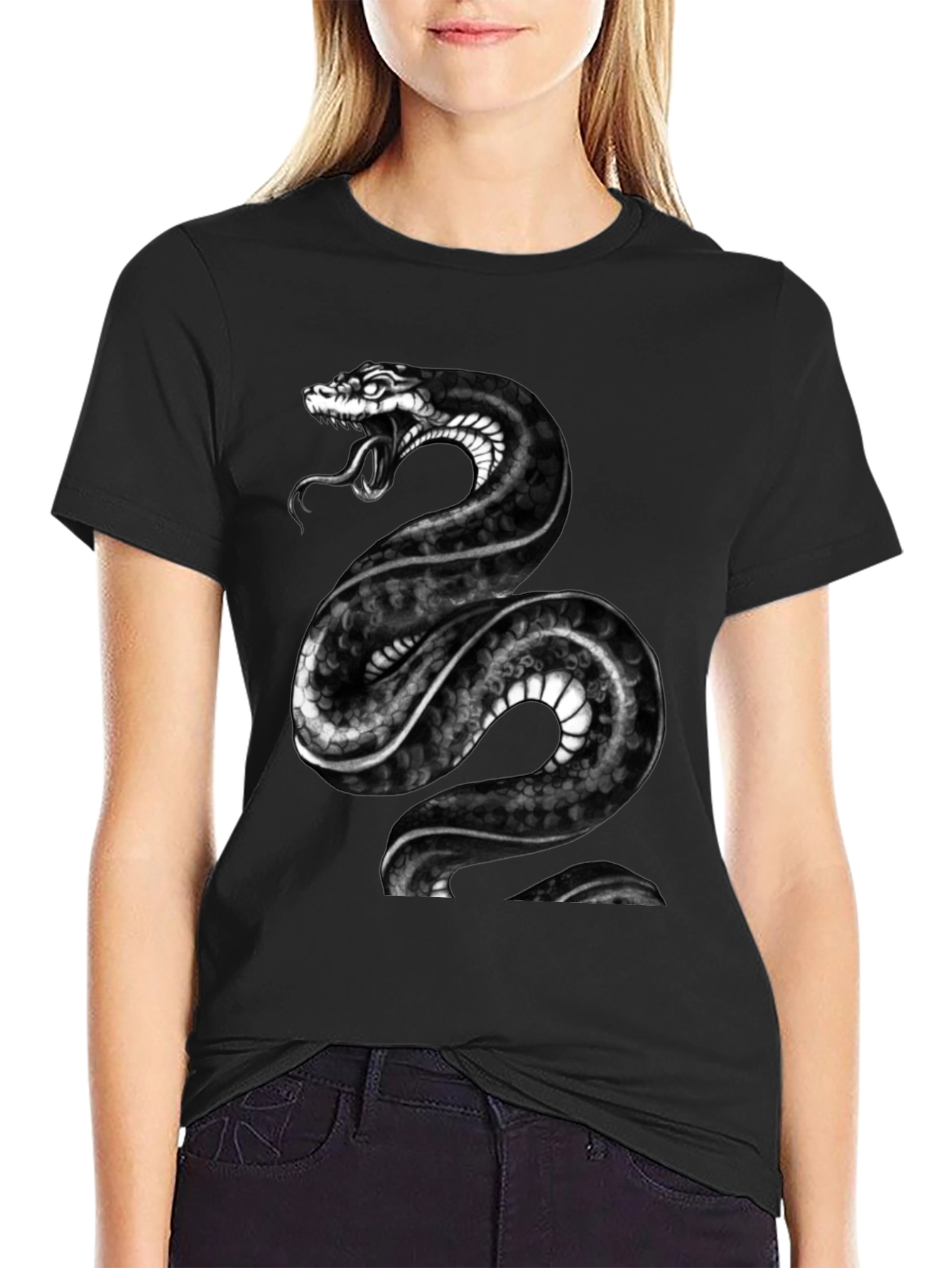 Mens Black Snake Graphic Tee - Bold Reptile Design