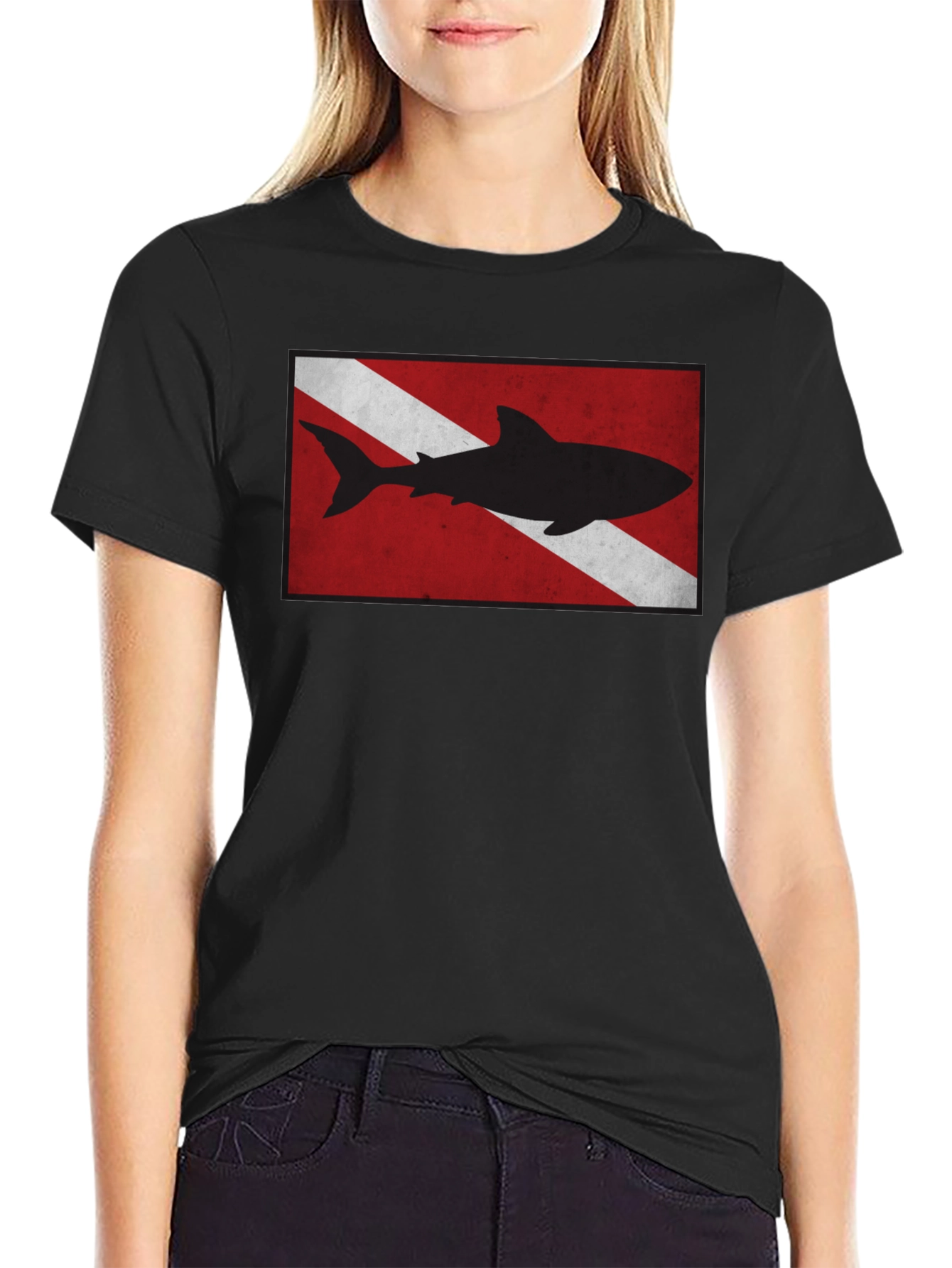 Diver Down Flag Shark Graphic Tee - Black