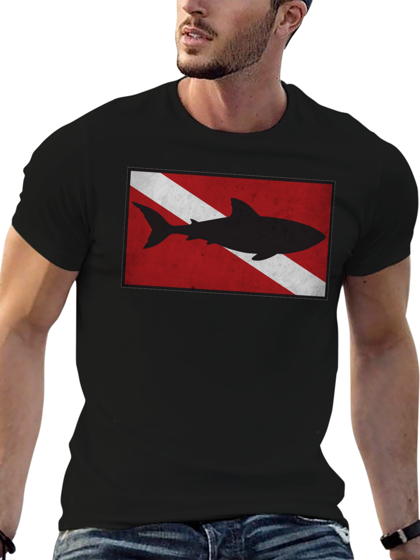 Diver Down Flag Shark Graphic Tee - Black