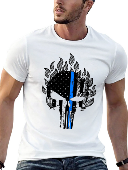 Thin Blue Line Punisher Skull Graphic T-Shirt
