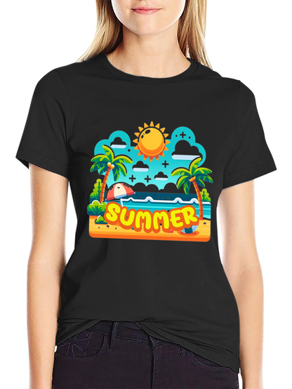Summer Beach Cartoon Graphic T-Shirt
