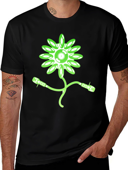Groovy Record Flower Graphic Tee - Black Cotton T-Shirt