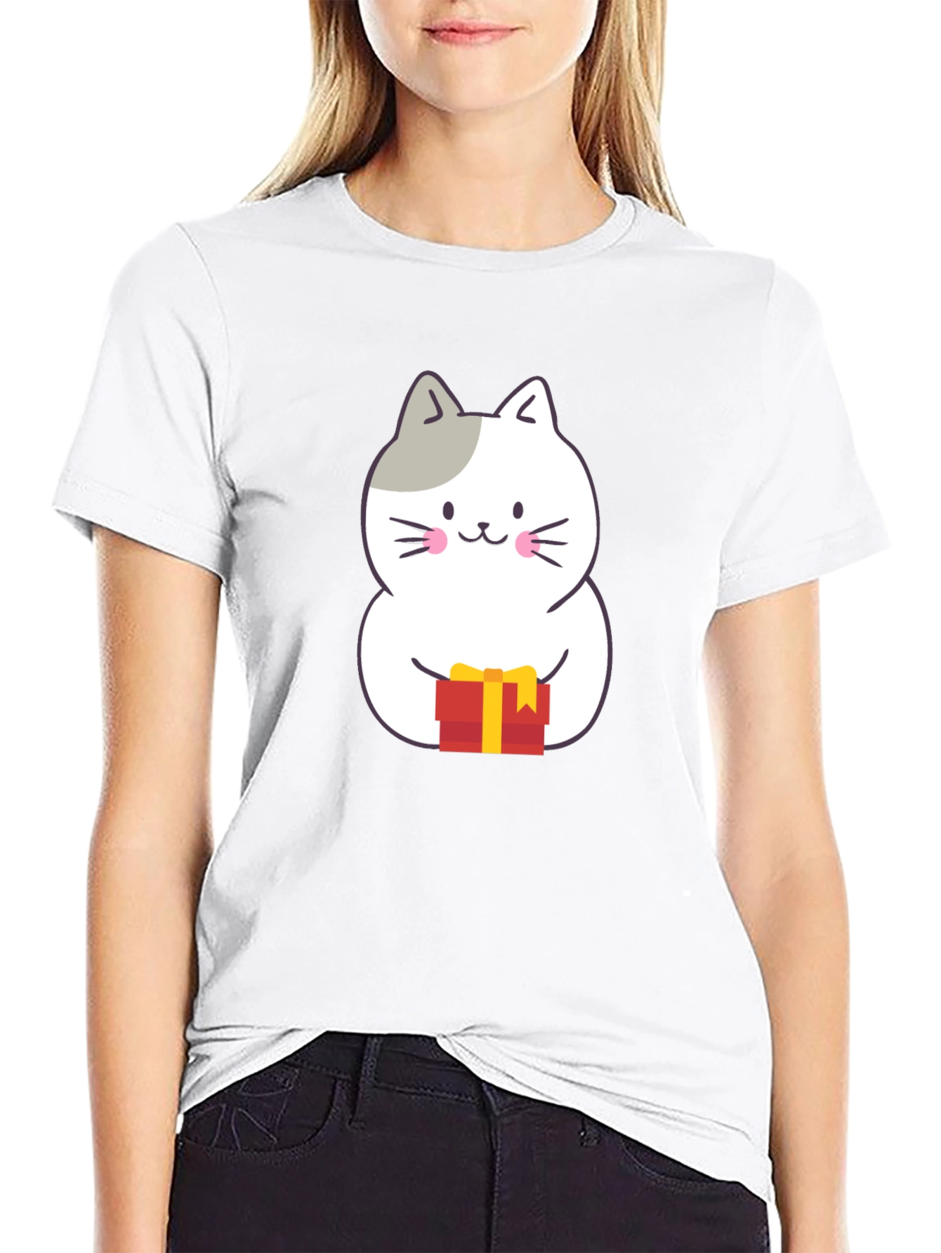 Cute Cat Gift T-Shirt - Black Crew Neck
