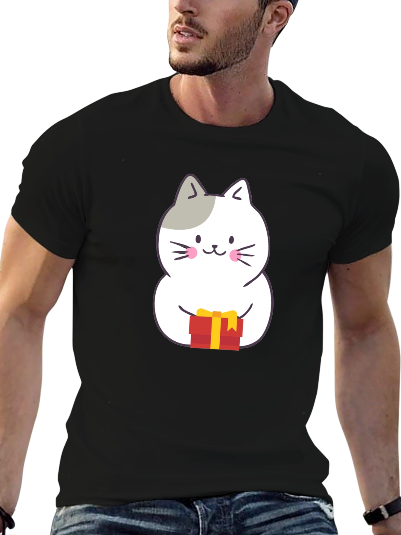 Cute Cat Gift T-Shirt - Black Crew Neck
