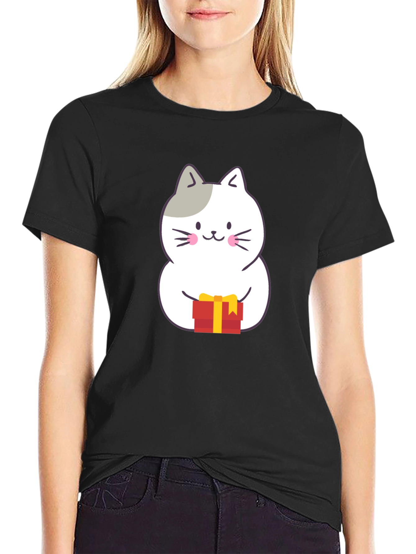 Cute Cat Gift T-Shirt - Black Crew Neck