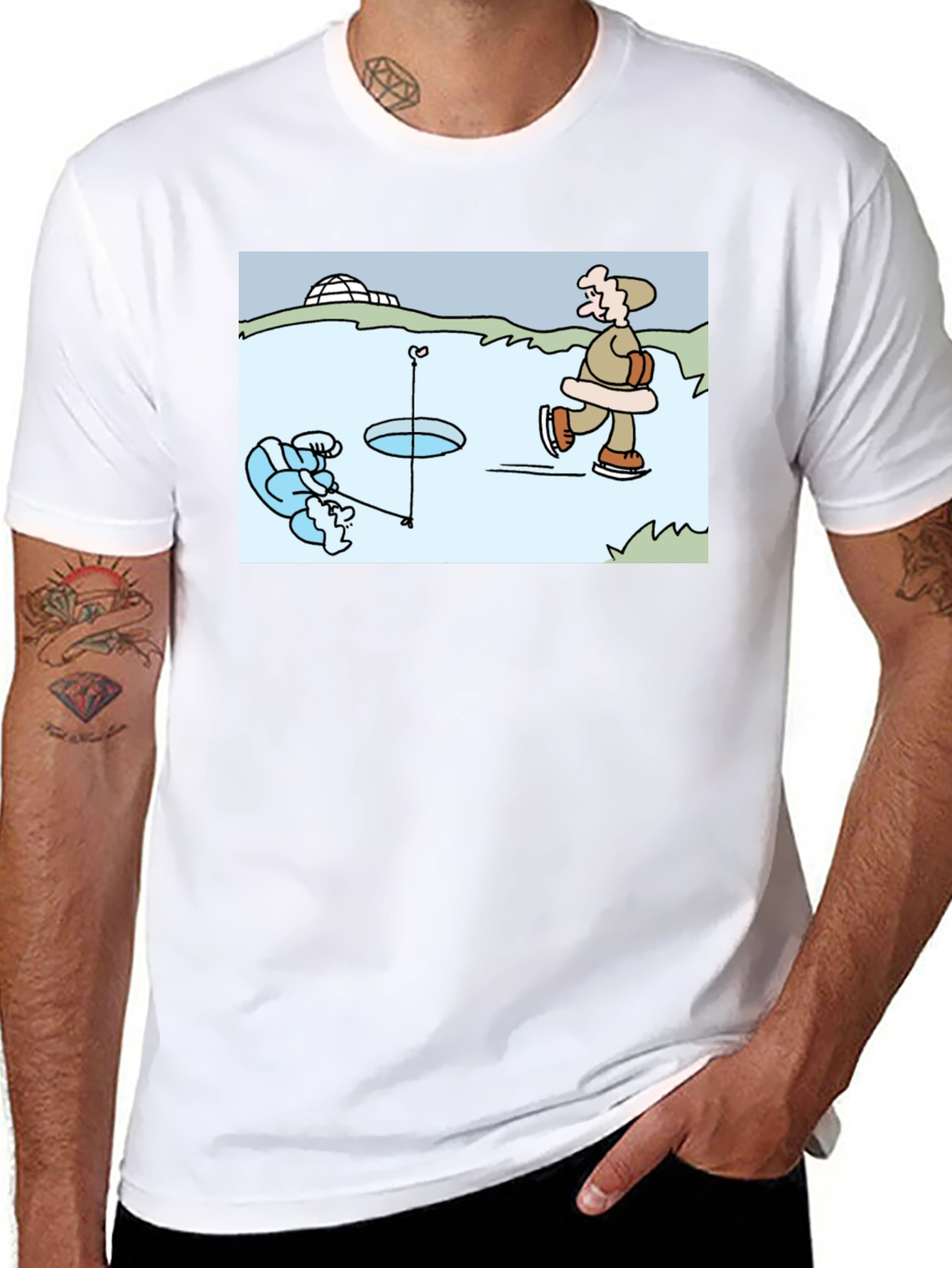Ice Fishing Cartoon T-Shirt