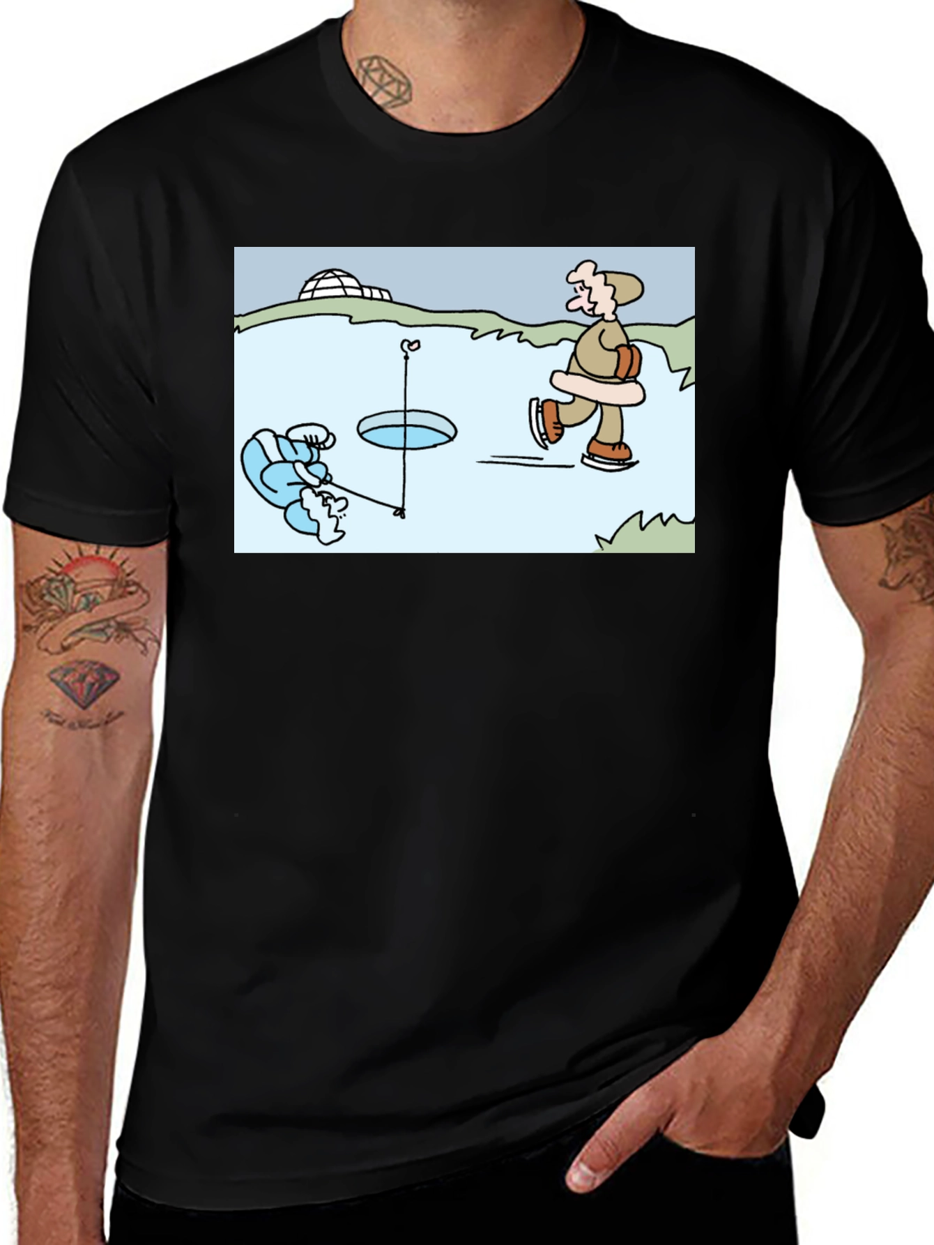 Ice Fishing Cartoon T-Shirt