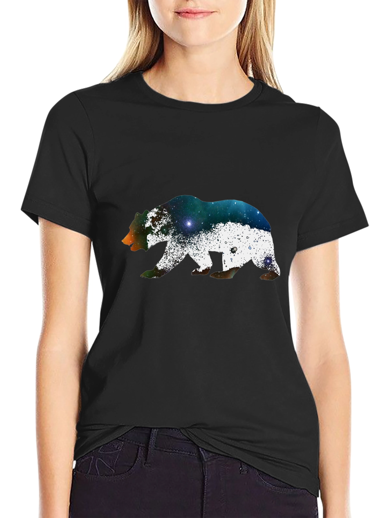 Bear Galaxy Print Black T-Shirt
