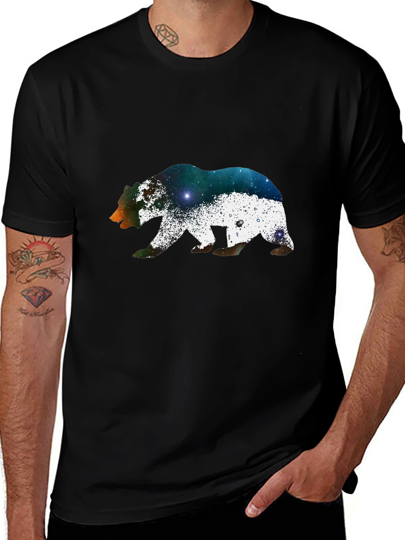 Bear Galaxy Print Black T-Shirt