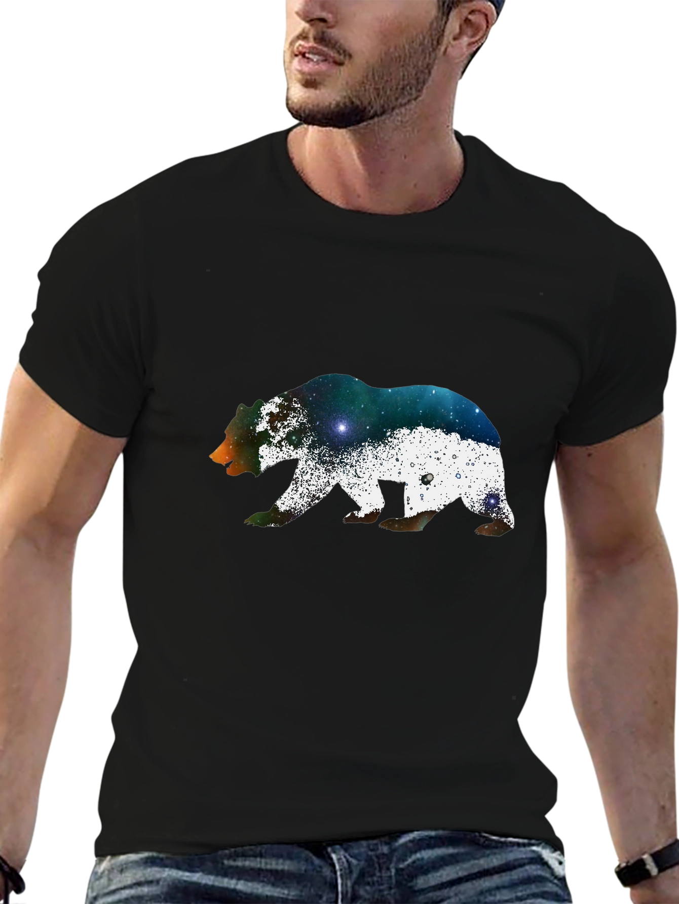 Bear Galaxy Print Black T-Shirt