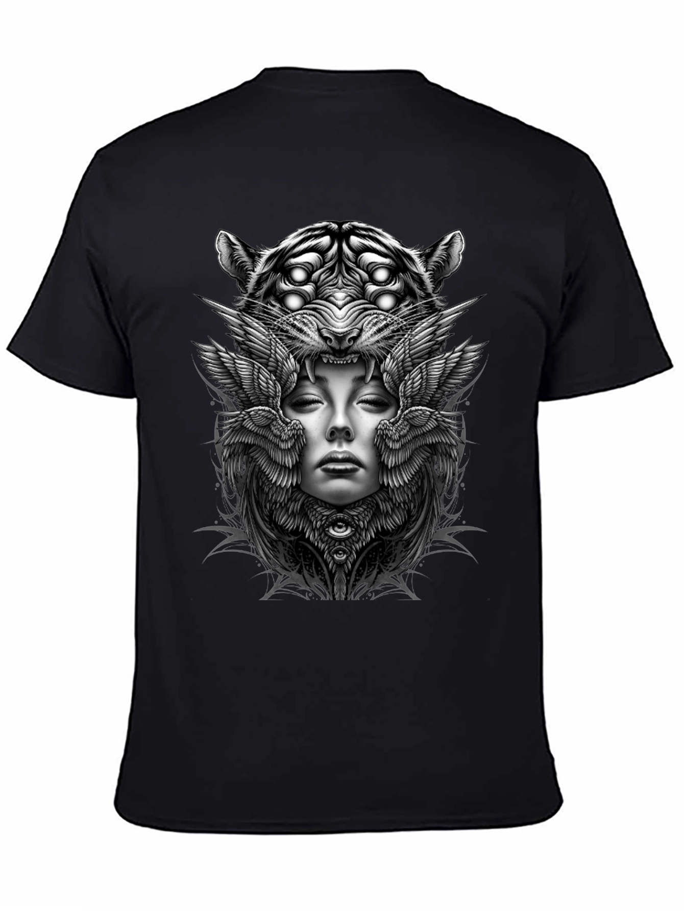 Graphic Print Black T-Shirt: Tiger Woman Wings Design