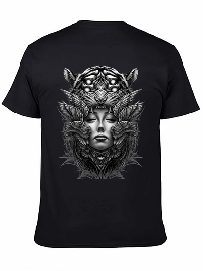 Graphic Print Black T-Shirt: Tiger Woman Wings Design