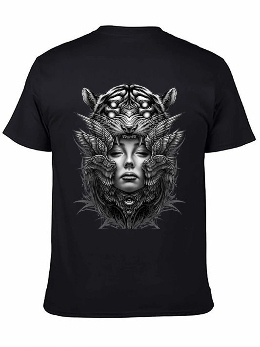 Graphic Print Black T-Shirt: Tiger Woman Wings Design