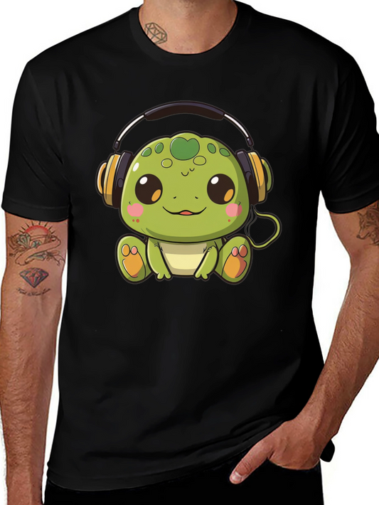 Cute Turtle with Headphones Black T-Shirt