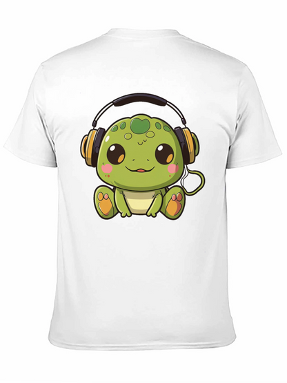 Cute Turtle with Headphones Black T-Shirt