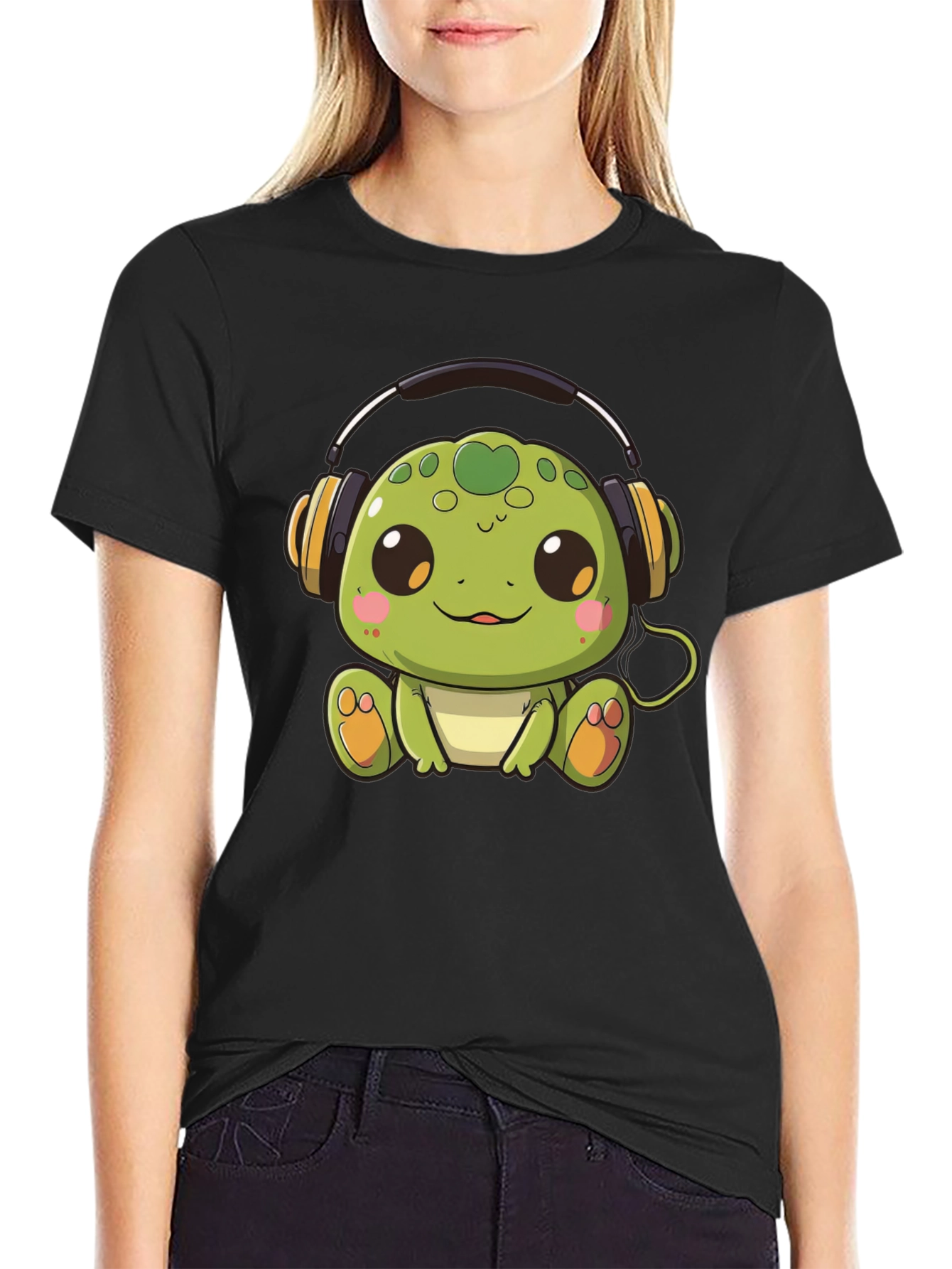 Cute Turtle with Headphones Black T-Shirt