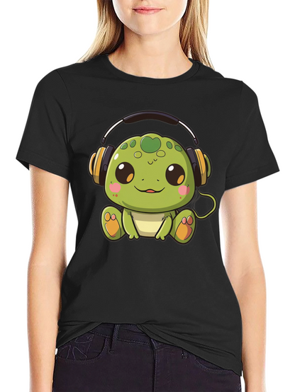 Cute Turtle with Headphones Black T-Shirt