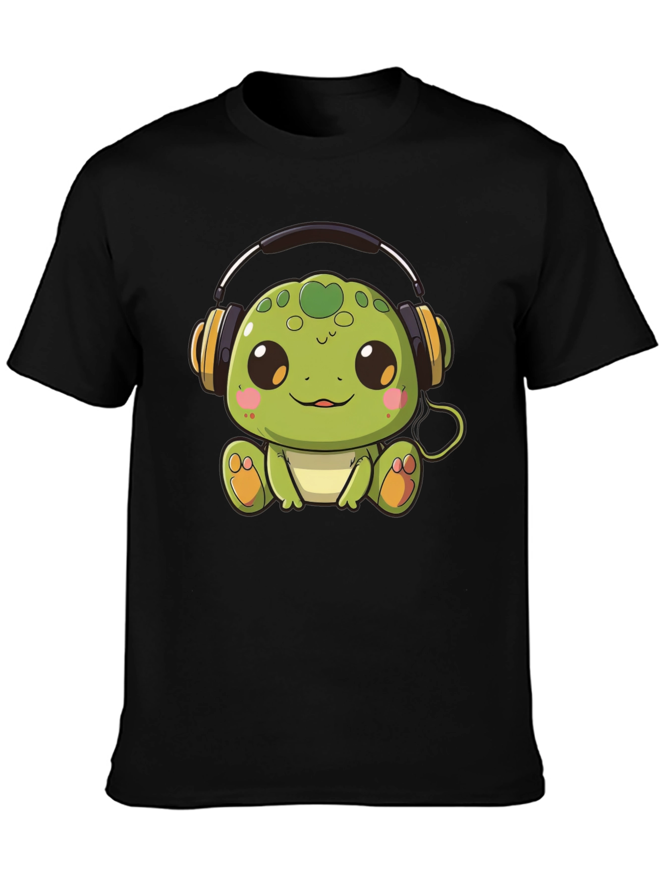 Cute Turtle with Headphones Black T-Shirt