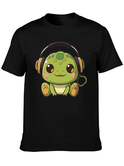 Cute Turtle with Headphones Black T-Shirt