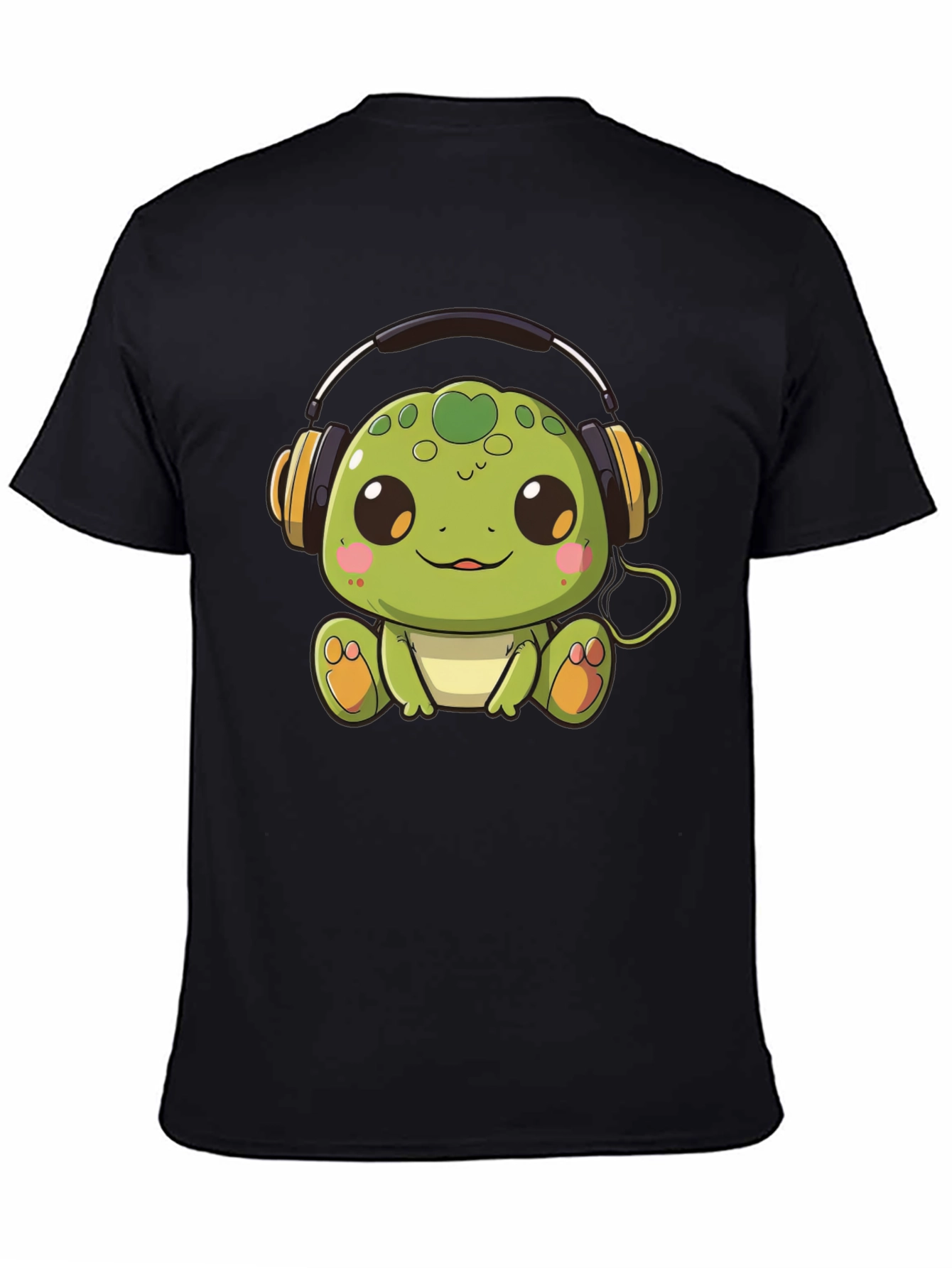 Cute Turtle with Headphones Black T-Shirt