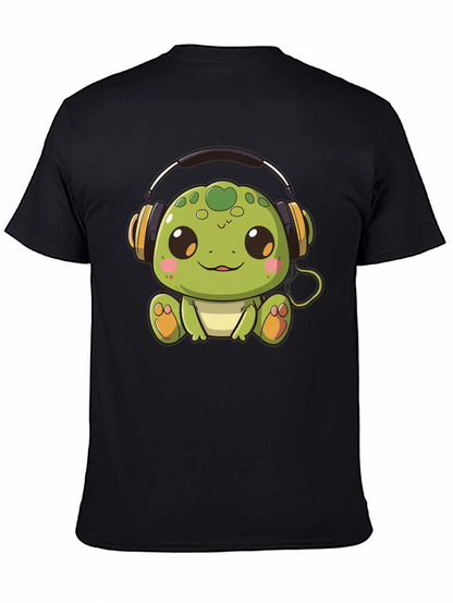 Cute Turtle with Headphones Black T-Shirt