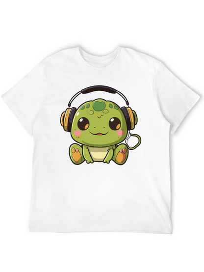 Cute Turtle with Headphones Black T-Shirt