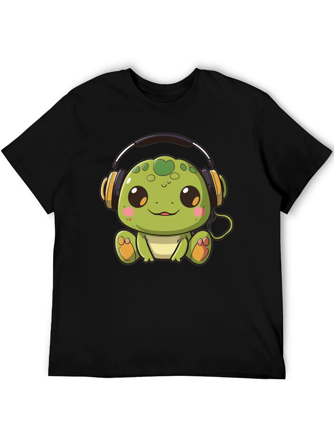Cute Turtle with Headphones Black T-Shirt