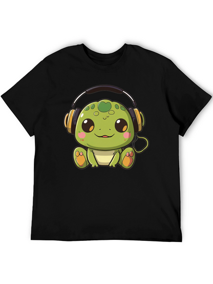 Cute Turtle with Headphones Black T-Shirt