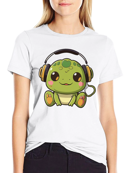 Cute Turtle with Headphones Black T-Shirt