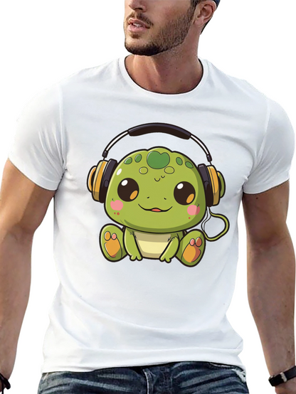 Cute Turtle with Headphones Black T-Shirt